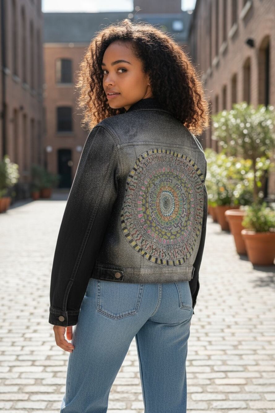 Maskot Hand Painted Mandala Back Denim Jacket Size M Boho Artwear